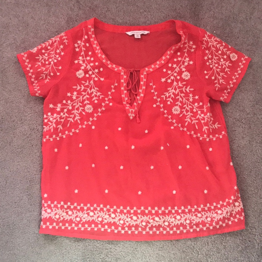 Coral Embroidered Sheer Shirt, Size S